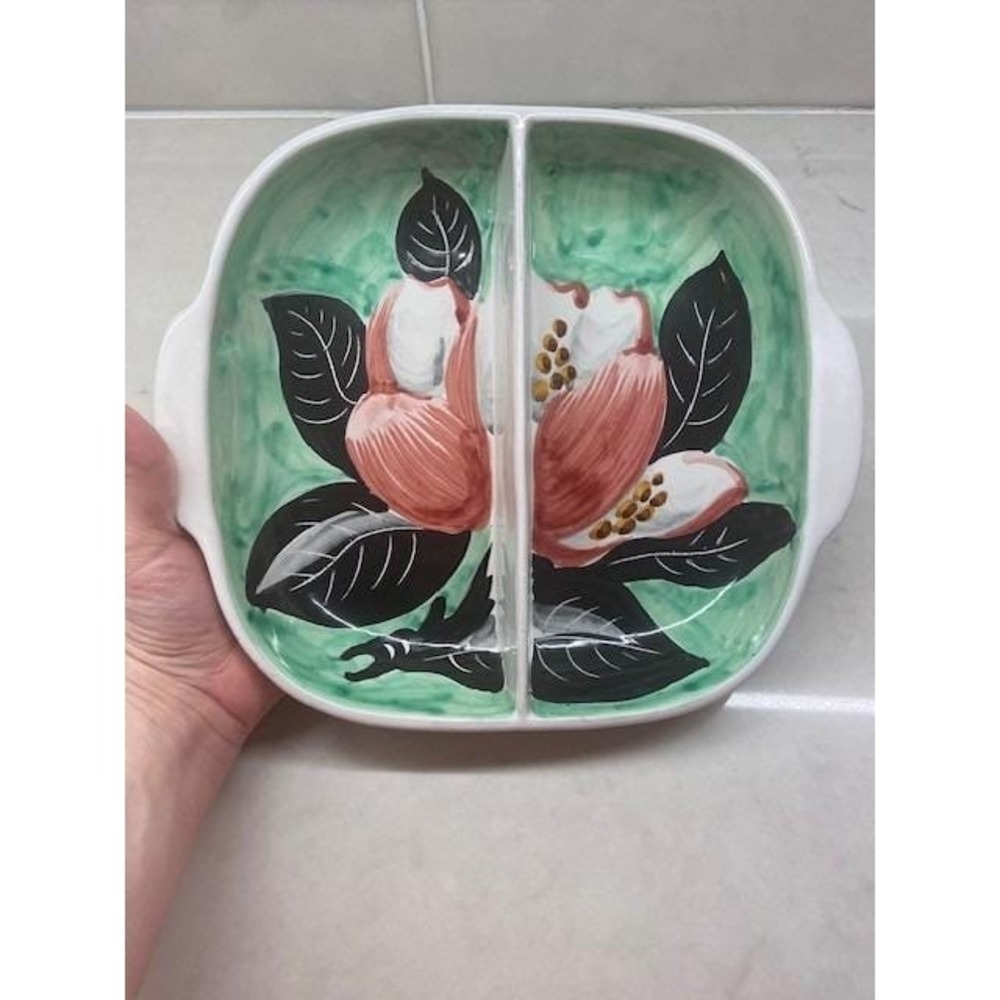 Divided Serving Dish Floral Pink Green Vintage From Italy Hand Painted Ceramic. - Picture 5 of 13